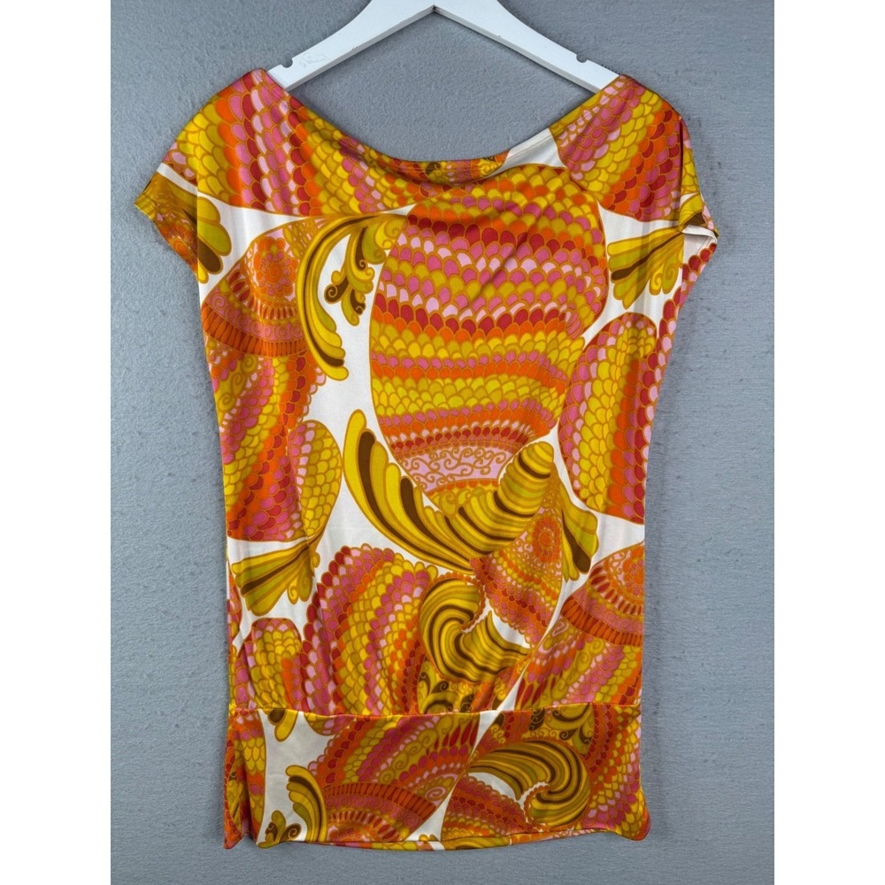 Trina Turk Silk Blouson Top Women L Bold Psychedelic Retro Cap Sleeve Luxury Mod - Picture 3 of 5